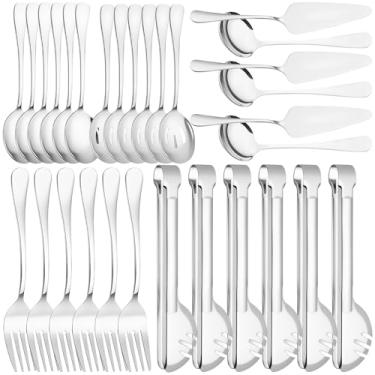 Imagem de O conjunto de 30 utensílios de prata inclui colheres grandes de aço inoxidável com fenda, garfos, concha de sopa, servidor de torta, utensílios de metal para festas, buffet, lavável na lava-louças