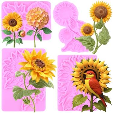 Imagem de MIYAHOUSE Moldes de silicone para fondant de girassol para decoração de bolos, topo de cupcake, pasta de goma de chocolate, argila de polímero, conjunto de 4