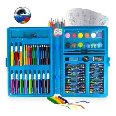 Imagem de Estojo Maleta Escolar Pintura Infantil 68 Peças Canetinha Az