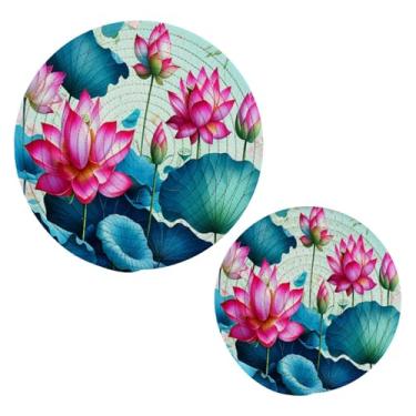 Imagem de Wassud Conjunto de tripé de lótus artístico para pratos quentes, suportes redondos de panela, almofadas quentes de algodão, porta-copos resistentes ao calor para decoração de cozinha, bancada, 2 peças