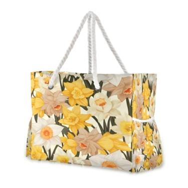 Imagem de Wassud Bolsa de praia feminina grande para jardim narciso, impermeável, à prova de areia, bolsa de viagem com zíper e bolso para piscina, academia, acampamento