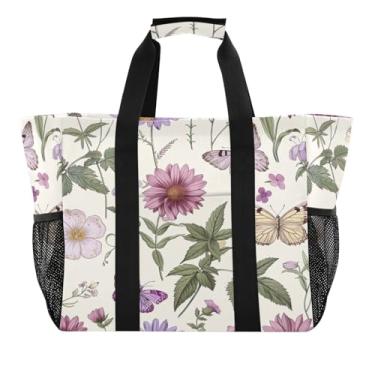 Imagem de Wassud Sacolas de compras reutilizáveis de flores silvestres violeta grande bolsa organizadora de lona impermeável para praia, piquenique, lavanderia, viagem