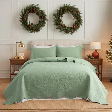 Imagem de Brandream Colchas verdes sálvia king size algodão botânico Matelasse conjunto de cama de fazenda com bordas recortadas 3 peças