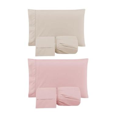 Imagem de Kit 2 Jogos de Lençol Casal Padrão com Elástico e Fronhas Bordada em Ponto Palito, 6 Peças em Micropercal 300 Fios 100% Poliéster (2 Jogos CP Versat (Cáqui/Rosê))