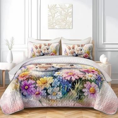 Imagem de AILONEN Conjunto de colcha de coelho floral para meninas, colcha de coelho rosa aquarela + 2 fronhas, 3 peças, capa de cama de flores coloridas para crianças