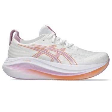 Imagem de ASICS Tênis de corrida feminino Gel-Nimbus 27, Branco/Light Ube, 9 Wide