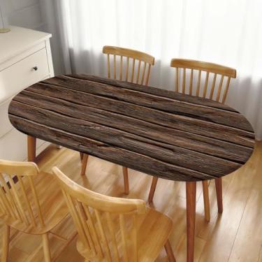 Imagem de TREGAUSI Toalha de mesa oval de grão de madeira com borda elástica marrom toalha de mesa lavável de poliéster para decoração de festa de jantar em casa de fazenda, adequada para mesa oval de 107 x 152