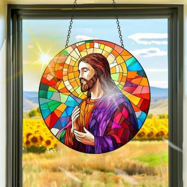 Imagem de Apanhador solar de acrílico colorido, decoração de janela suspensa Jesus Sun Catchers, arte de parede de arco-íris, para sala de estar, quarto, varanda, decoração de jardim interno e externo, 19 x 19