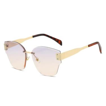 Imagem de HCHES Óculos de Sol Retangulares Femininos de Luxo Sem Armação com Lentes Degradê e Armação de Metal - Proteção UV400 (Dourado, Cinza e Marrom)