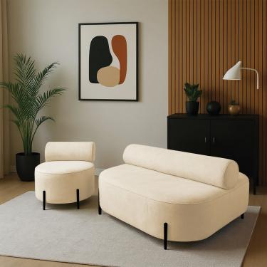 Imagem de Sofá Sala Ilha Orgânico e 1 Poltrona 125cm Éden Pé Aço Preto Bouclê Bege E03 - D'Rossi