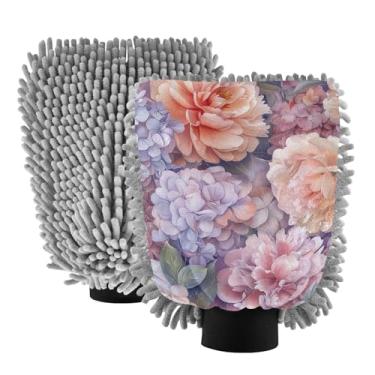 Imagem de ODAWA Luvas de lavagem de carro chenille, luvas de limpeza e secagem de flores de peônia pastel, 18 cm x 26 cm (pacote com 2)