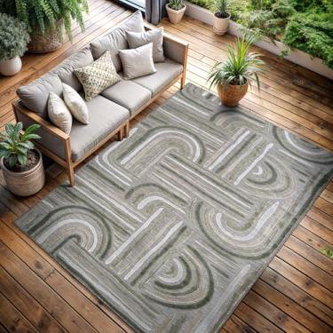 Imagem de CAMILSON Tapete para ambientes internos e externos, bege 15 x 23 cm, arco geométrico, listrado, tapete para pátio e casa, sala de estar, jardim e deck lavável (6 x 9)