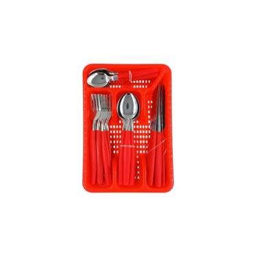 Imagem de Jogo de Faqueiro 25 Peças com Porta Talher, Aço Inox, Vermelho, 6 Pessoas, Inclui Colheres, Garfos e Facas