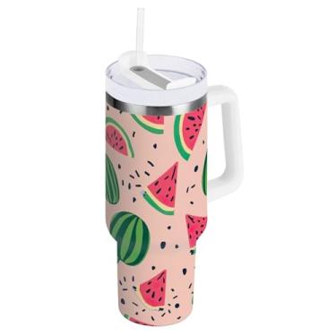 Imagem de ODAWA Copo de água grande melancias rosa verde com alça e tampa de palha, copos de aço inoxidável com tampa 2 em 1