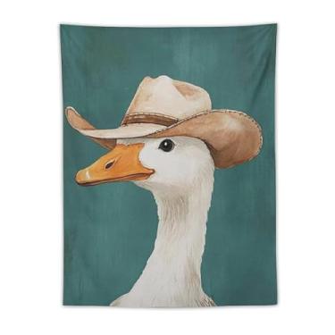 Imagem de Tapeçaria de parede de chapéu de cowboy de ganso decoração de animais de fazenda brincalhão fundo azul-petróleo rústico arte rústica para sala de estar quarto lavanderia bonito detalhe caprichoso
