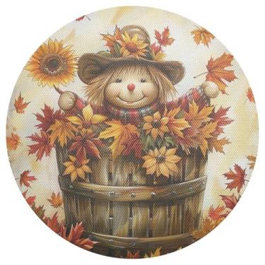 Imagem de Jogo americano bonito círculo espantalho outono conjunto de 1 tapete redondo de PVC 38 cm jogo americano para festa de chá lavável para festa de Natal