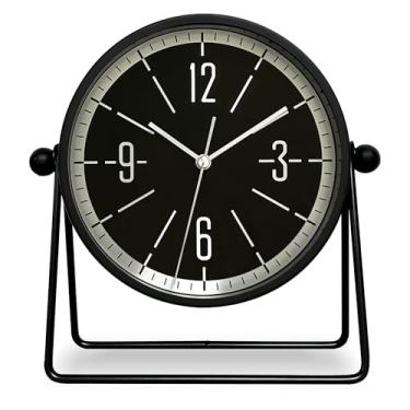 Imagem de QIYAODECO Relógio de mesa de metal vintage para quarto, com tique-taque de ângulo ajustável, pequeno relógio de cabeceira operado por bateria, mesa decorativa, estilo antiquado, decoração preta