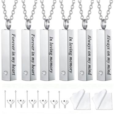 Imagem de weikui 6 unidades de colar de urna para cinzas para homens e mulheres, joias de cremação para cinzas, medalhão de urna memorial para cinzas, pingente de lembrança para cinzas humanas, 3.7x0.8cm, Metal