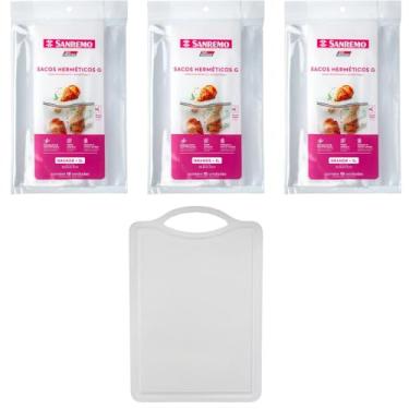 Imagem de Conjunto de 1 Tábua Branca Plástica de Corte para Alimentos + 3 Saco Hermetico Transparente 3 Litros