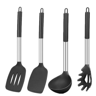 Imagem de Conjunto de utensílios de cozinha premium, 4 peças de silicone e aço inoxidável, espátula preta, concha, servidor de massa e espátula com ganchos para pendurar