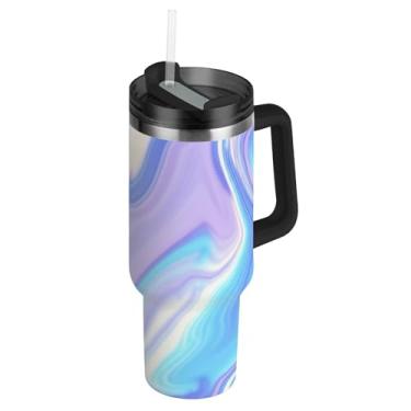 Imagem de Joisal Copo com alça de aço inoxidável de 850 g com tampas e canudo grande copo de garrafa de água isolado para fluido quente e frio redemoinhos abstratos azul suave rosa