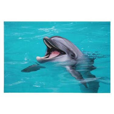 Imagem de Wassud Tapete de porta golfinho brincalhão 61 x 89 cm, tapete de área lavável antiderrapante com suporte de borracha, tapete macio e macio para sala de estar, quarto, entrada, entrada