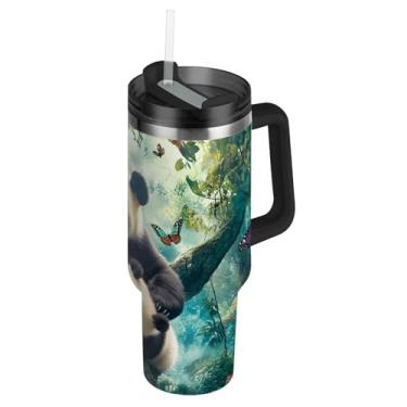 Imagem de Joisal Cute Pandas Butterflies Tumblers com tampa e canudos Copo grande de 1,134 g com alça garrafas de água isoladas carros de aço inoxidável xícara de café bebida quente