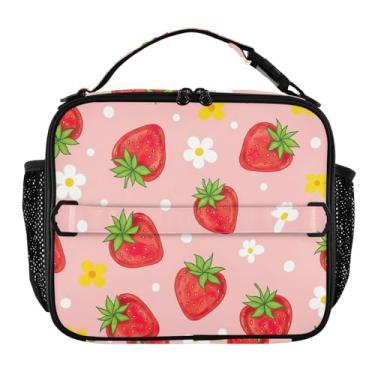 Imagem de Joisal Lancheira floral branca de desenho animado de morangos para mulheres, meninas, lancheira masculina e infantil, lancheira para trabalho, reutilizável, bolsa térmica para escola