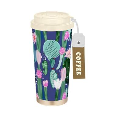 Imagem de TSENQUE Caneca de café de viagem de 473 ml com tampa de canudo e filp, copo de café de viagem de aço inoxidável isolado a vácuo à prova de vazamento, cacto verde flores rosa azul