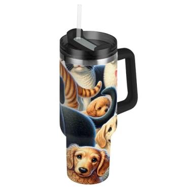 Imagem de Copos com tampa e canudo fofos para cães e gatos 850 g copo com alça rosa linda garrafa de água isolada garrafa de água de aço inoxidável cabe no copo do carro