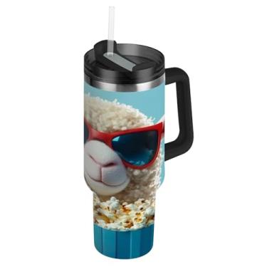 Imagem de Joisal Copos modernos com impressão noturna de ovelhas com tampa e canudos, garrafa de água de aço inoxidável, isolada, copo de 850 g com alça à prova de vazamento carros caneca de café bebida quente