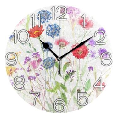 Imagem de GAIGEO Relógio de parede decorativo analógico relógio de cozinha rústico operado por bateria silencioso, decoração de parede de meados do século, flores em aquarela vibrantes, 25 cm, ponteiros pretos