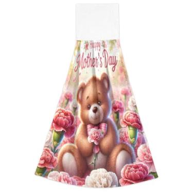 Imagem de Toalhas de cozinha de mão de cravo de urso do dia das mães com laço para pendurar conjunto de 2 toalhas de casa e cozinha fofas ultra absorventes, 46 x 35 cm