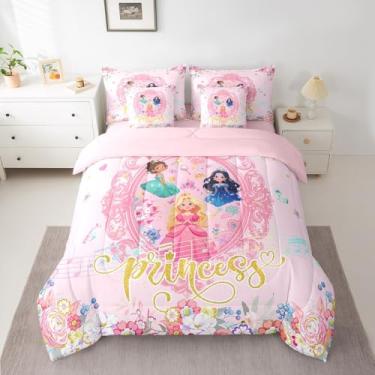 Imagem de Conjunto de cama Queen com 7 peças, princesa, rosa, castelo de fadas, para decoração de quarto de meninos e adolescentes, conjunto de cama floral inclui edredom, conjunto de lençol, fronhas e fronhas