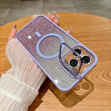 Imagem de HJZSZX Capa protetora de lente de vidro com suporte magnético e à prova de choque para iPhone 16 Plus (roxo claro)