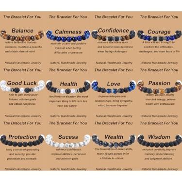 Imagem de SROBENZ Pulseira masculina olho de tigre de 8 mm com contas de pedra natural, conjunto de pulseiras elásticas de pedra vulcânica, pulseira ajustável com contas de cristal preto para homens e mulheres