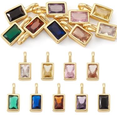 Imagem de FASHEWELRY Pingentes retangulares de cristal de zircônia cúbica 9 peças, pingentes banhados a ouro, pedra de nascimento, pedra de nascimento facetada para colar faça você mesmo, brinco, fabricação de