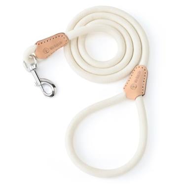 Imagem de Mile High Life Coleira para cães, coleira de corda com conexão de couro genuíno e fecho de metal resistente, ótima para cães pequenos, médios e grandes (branco creme, 152 cm)