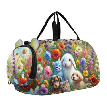 Imagem de Bolsa esportiva para meninos de fim de semana durante a noite, coalas abraçando chocolate, dia dos namorados, meninas, bolsas de viagem para crianças e danças, Happy Kittens Puppies Wildflowers