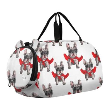 Imagem de Bolsa esportiva de fim de semana para meninos, bolsa de viagem para academia, bolsa infantil, rosa, branca, peônias, folhas verdes, Bulldog francês legal, branco, Clássico