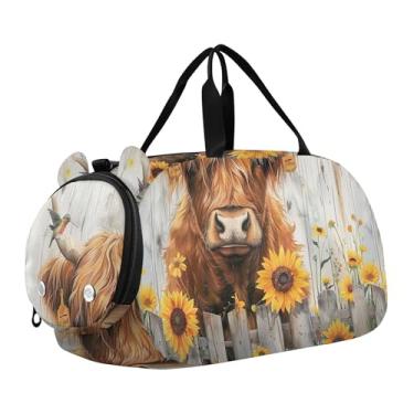 Imagem de Bolsa esportiva de viagem para meninos, lindas estrelas de ovelhas azuis, bolsas de viagem para meninas, bolsa esportiva, Highland Cow Fence Girassol, Clássico
