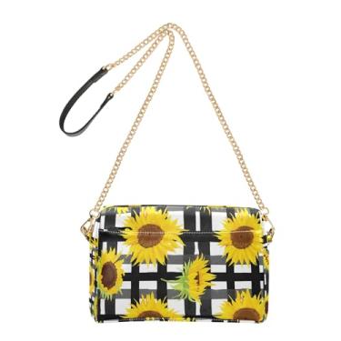 Imagem de Joitme Bolsa feminina de girassol amarelo preto e branco quadriculado bolsa de ombro de couro PU com alça de corrente bolsa para celular