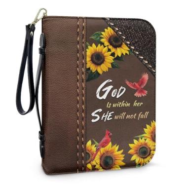Imagem de QOPECUOY Capa de girassol bíblica feminina tamanho grande cruz marrom bolsas religiosas organizador feminino presente cristão com alça e alça de pulso manga protetora bíblica feminina, tamanho GG
