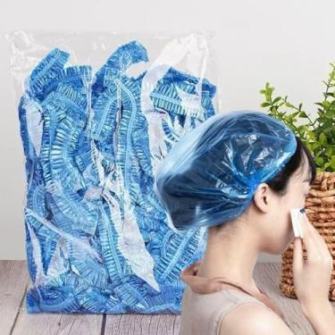 Imagem de 200 peças/2 pacotes de touca de banho descartável impermeável elástica espessa spa salão beleza chapéus de cabelo suprimentos de banheiro azul, diâmetro: 8-9 cm