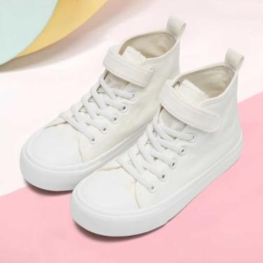 Imagem de Tênis infantil para meninos e meninas, cano alto, casual, de lona, clássico, sem cadarço, com cadarço, confortável, leve, para corrida e caminhada, Branco, 19