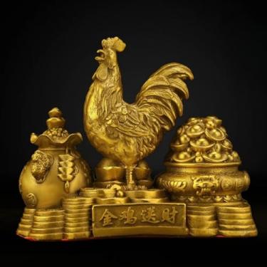 Imagem de FENNYYAR Ornamento de cobre puro estátua de galo da sorte do zodíaco, 13,5 cm 13,5 cm, decoração de casa para sala de estar, artesanato