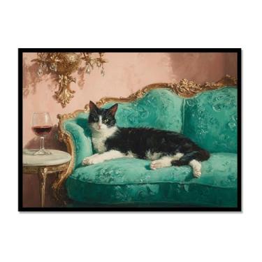 Imagem de Gato preto com estampa de arte de Martini fofo gato peculiar coquetel bar decoração moderna casa cozinha arte de parede pintura em tela pôster estética (SKU6,16x61.0 cm = (40x60cm), moldura de metal