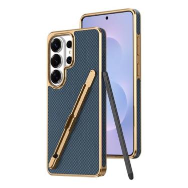 Imagem de POYUFRG Capa galvanizada para Samsung Galaxy S25 Ultra/S25 Plus/S25, capa fina de fibra de carbono empresarial com compartimento para caneta à prova de choque, azul, S25 Ultra