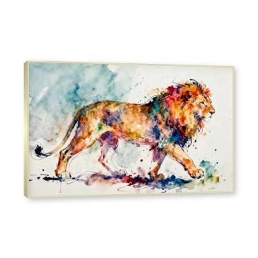 Imagem de Moldura dourada. Arte abstrata de respingos de leão, pintura colorida de animais em tela, decoração de parede expressiva moderna para sala de estar ou escritório. A44. 50 x 75 cm - 19,7 x 29,6 pol.