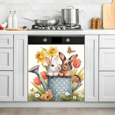 Imagem de NYZE Capa de ímãs para lava-louças de Páscoa, adesivo magnético para lava-louças decorativo, capa reutilizável para máquina de lavar louça (coelhos regadores)